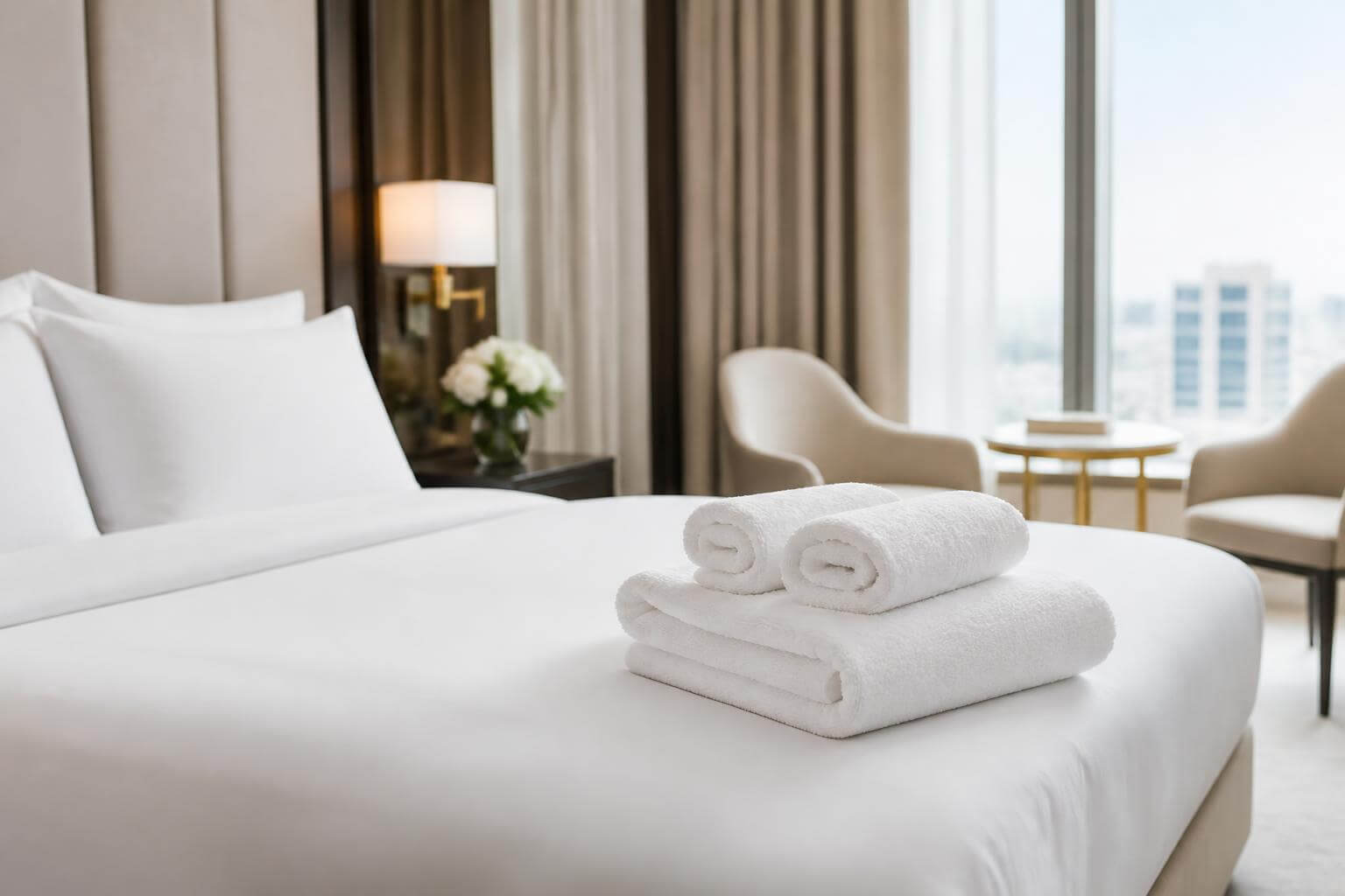 Habitación de hotel de lujo con toallas blancas bien dobladas sobre una cama recién hecha
